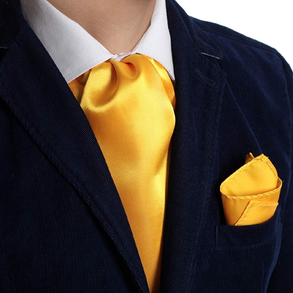 Mens Solid Color Ascot & Pocket Square Set Yellow